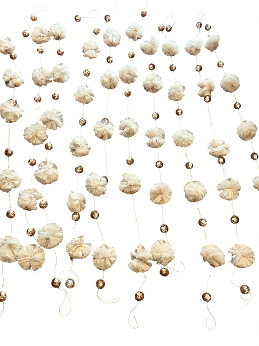 Neutral Pom-Pom Garland with Gold Beads - Home Holiday Decor 10pcs